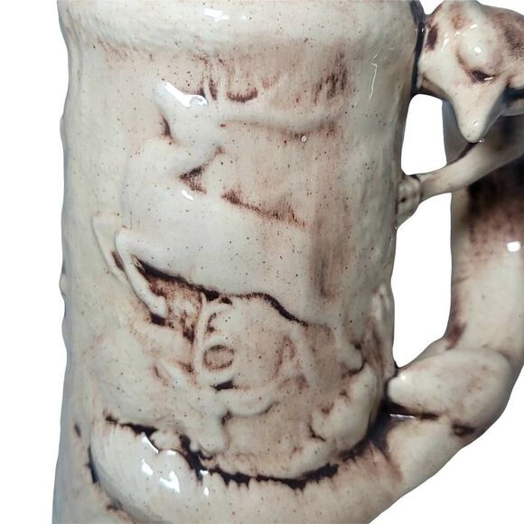 Vintage Large Ceramic Mug Stein With 3D Deer And Fox Handle Signed JES 6.5" Tall - Picture 8 of 11